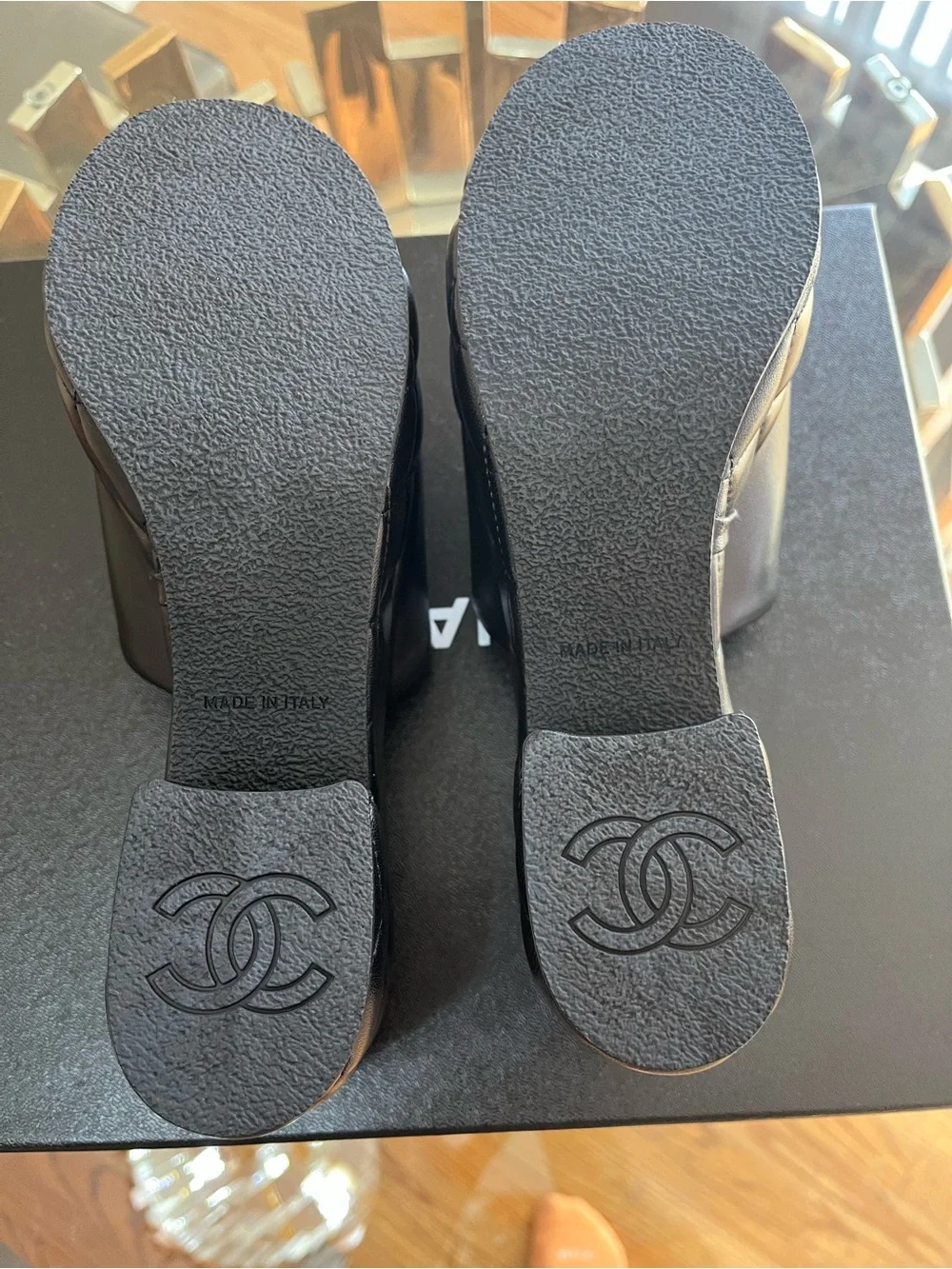 CHANEL Black Quilted Leather Platform Mules with CC Logo